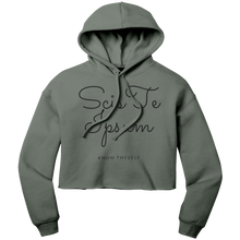 Load image into Gallery viewer, Womens_Know_Thyself_Crop_Hoodie_Military_Green_Front_Mockup.png_7000680
